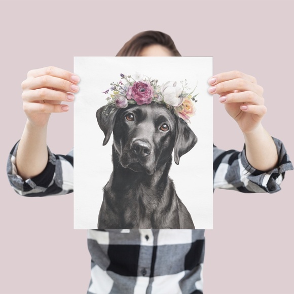 Watercolor Labrador Retriever with Flower Crown Portrait Wall Art Print Unframed - Picture 4 of 7
